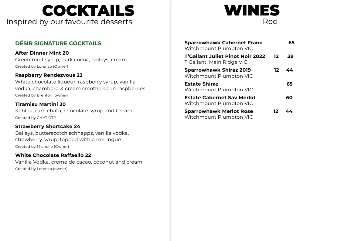 Menu, Désir Wine & Cocktail Lounge