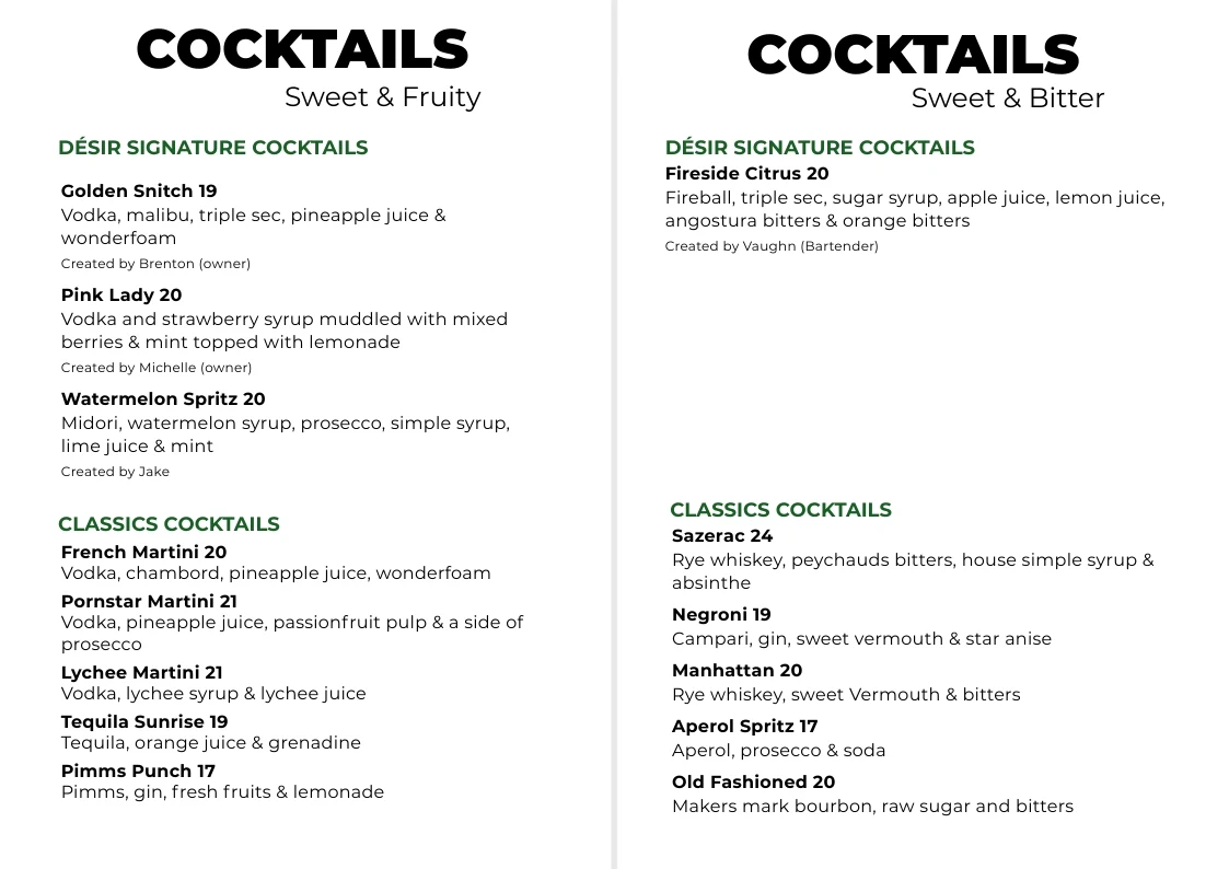 Menu, Désir Wine & Cocktail Lounge