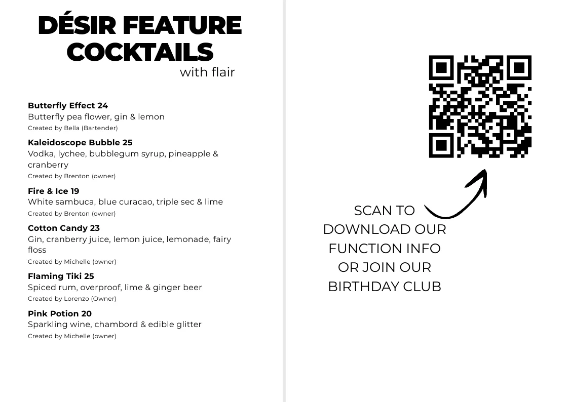 Menu, Désir Wine & Cocktail Lounge
