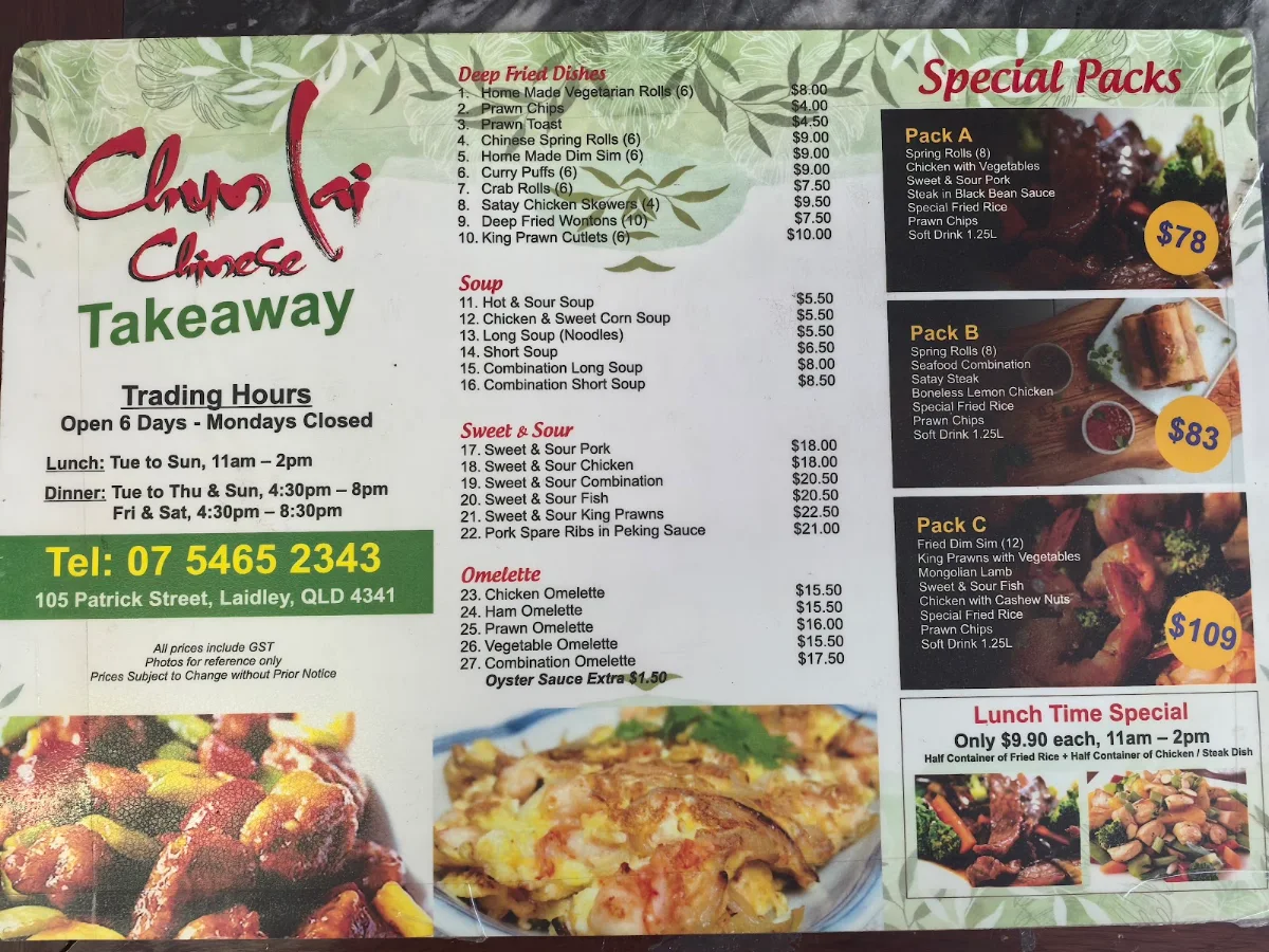 Menu, Chun Lai Chinese Restaurant