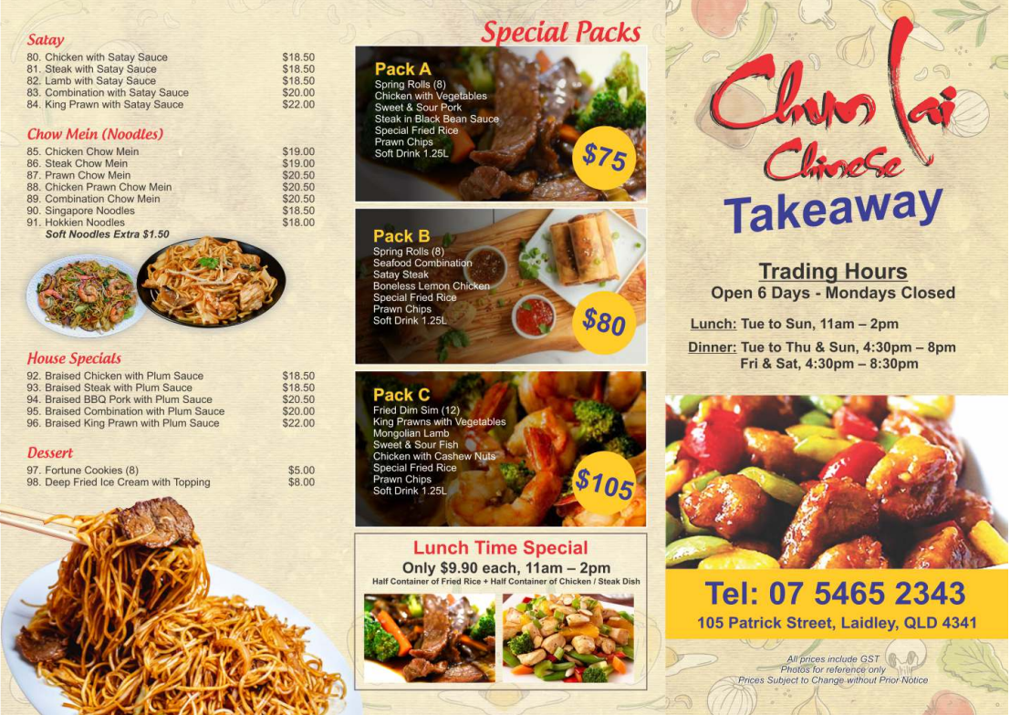 Menu, Chun Lai Chinese Restaurant