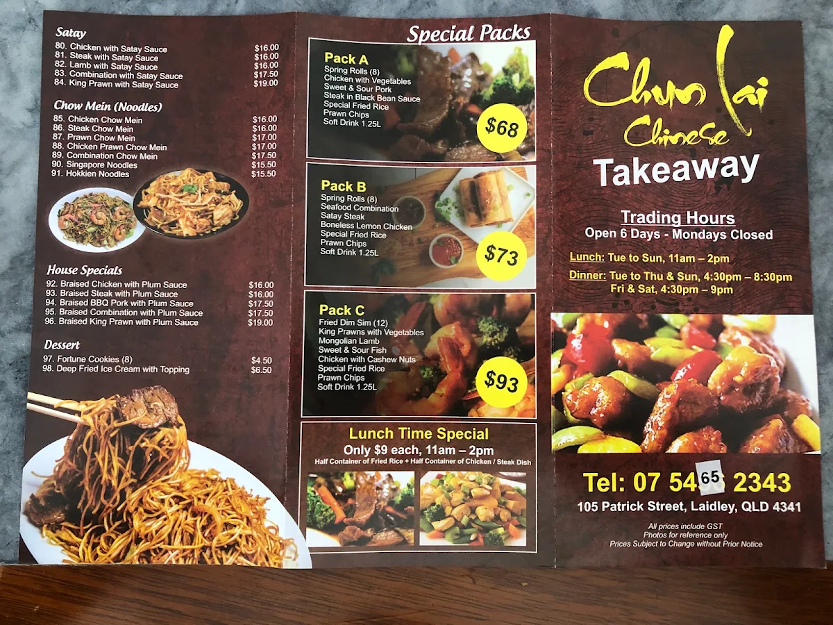 Menu, Chun Lai Chinese Restaurant