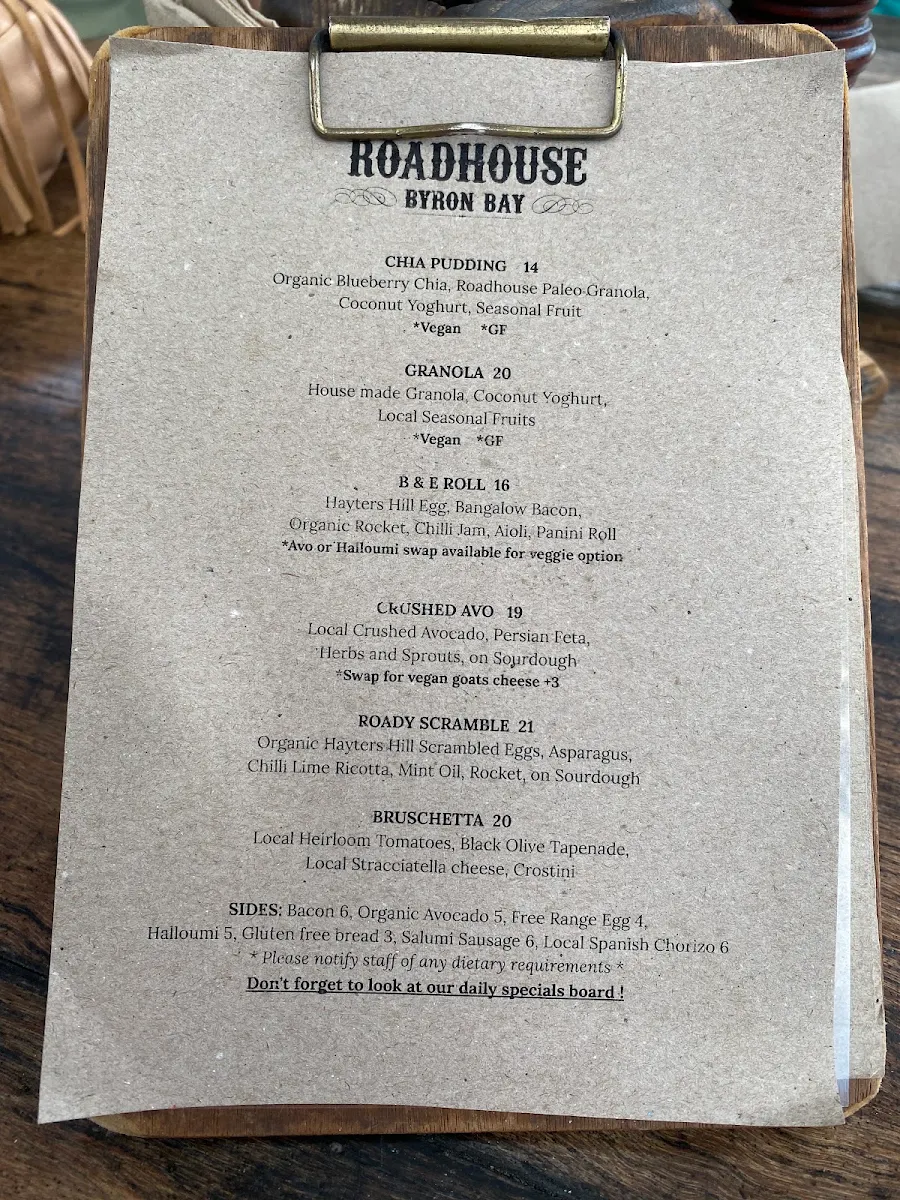 Menu, The Roadhouse Byron Bay