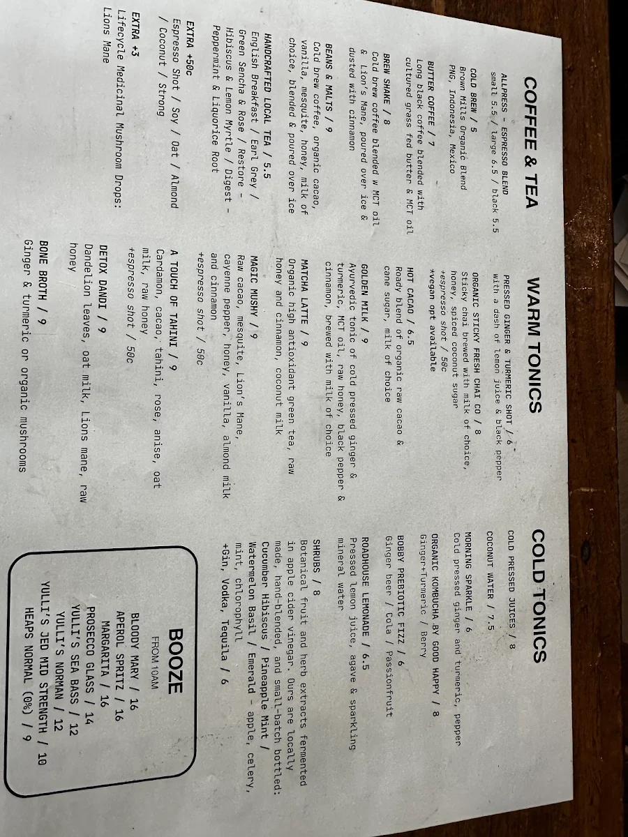 Menu, The Roadhouse Byron Bay