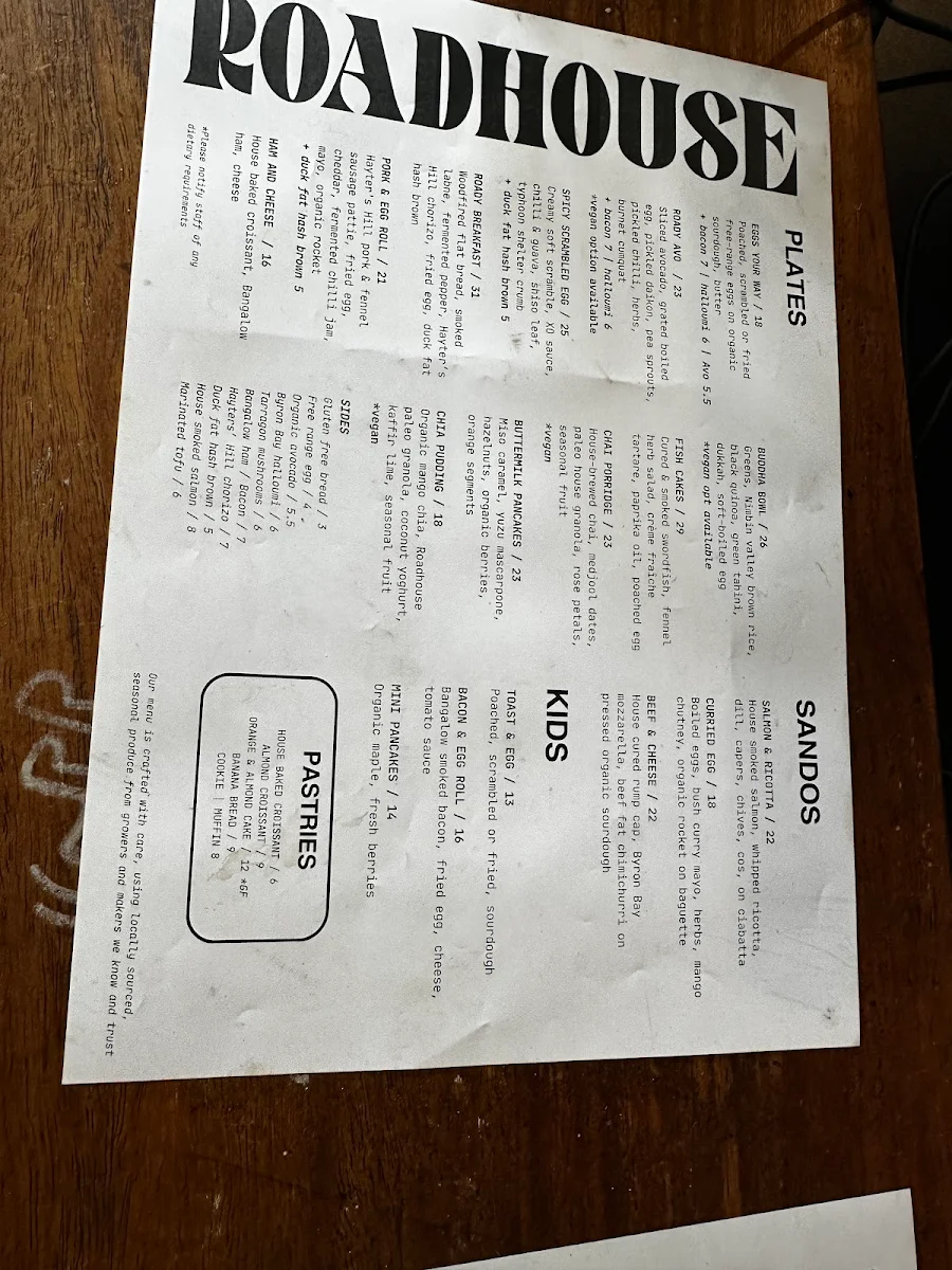 Menu, The Roadhouse Byron Bay