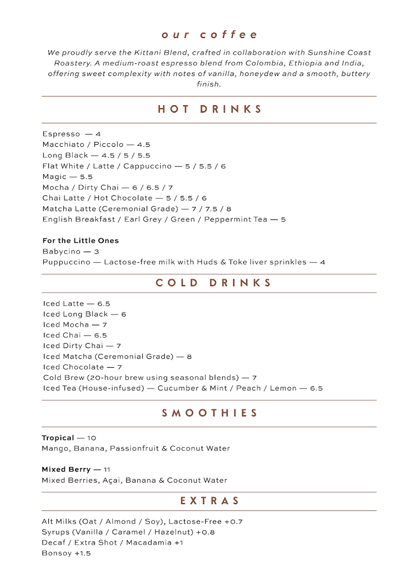 Menu, Kittani Coffee Co