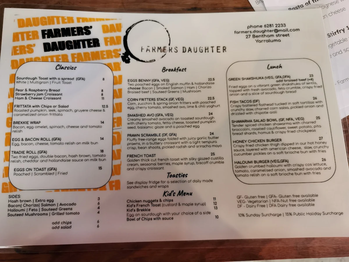 Menu, Farmers Daughter