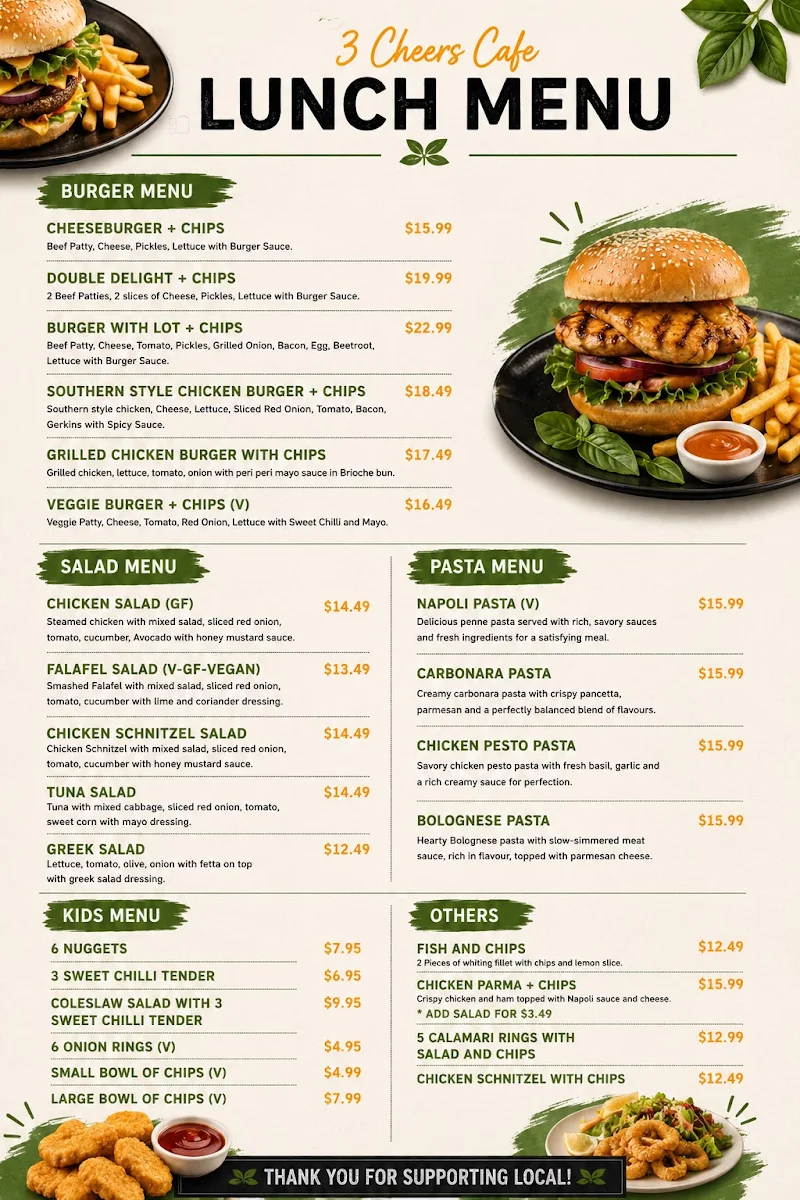 Menu, 3 cheers cafe
