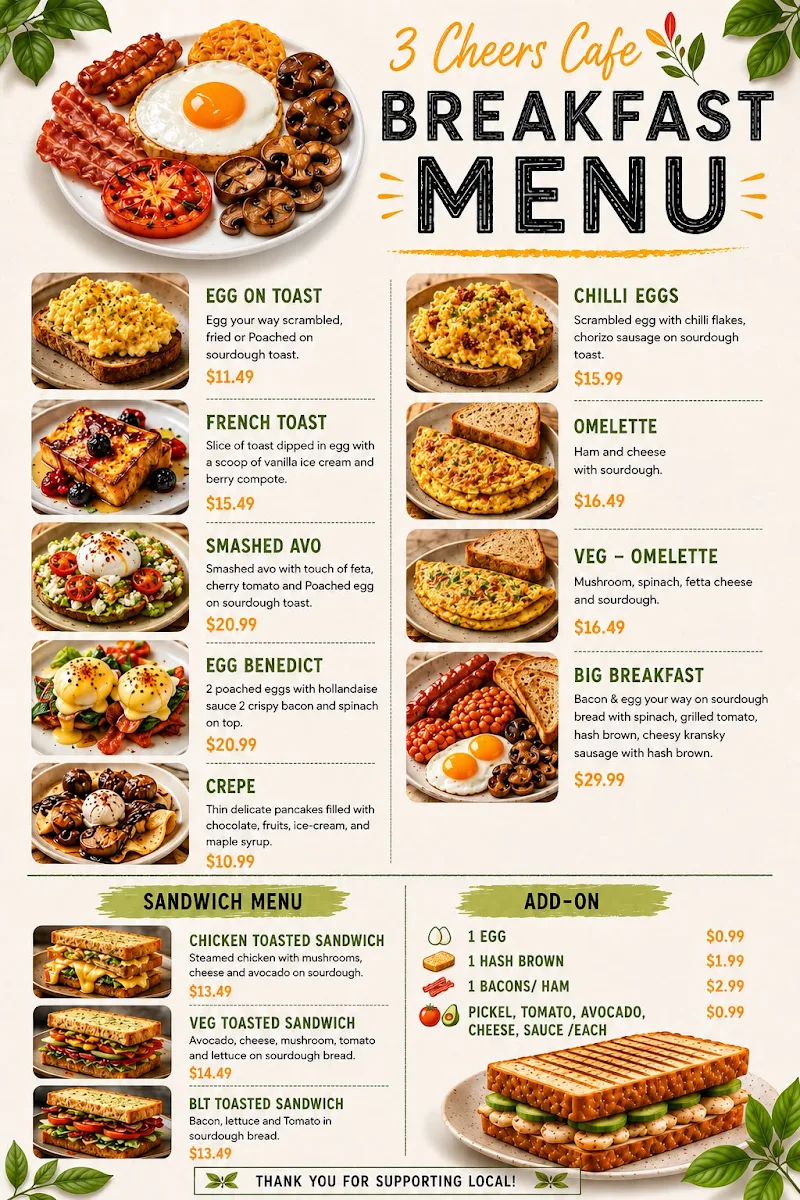 Menu, 3 cheers cafe