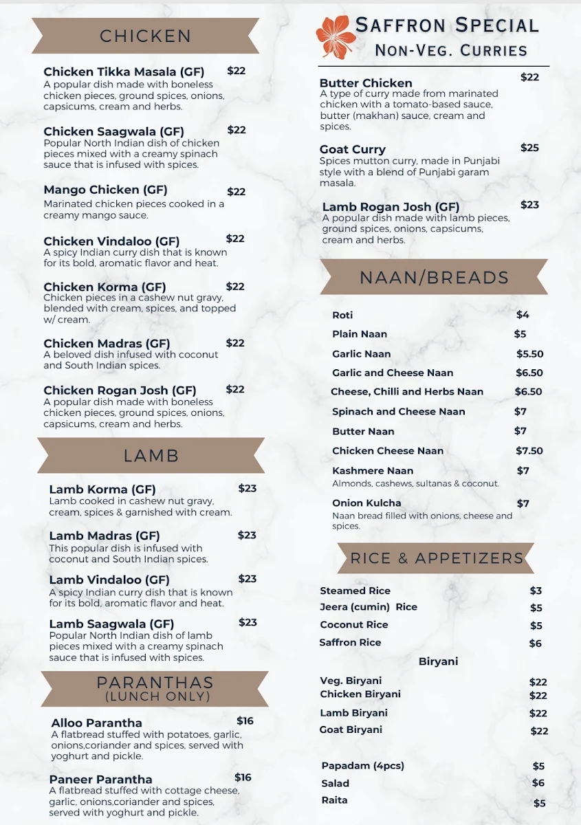 Menu, Saffron Cuisine – Indian Restaurant & Bar