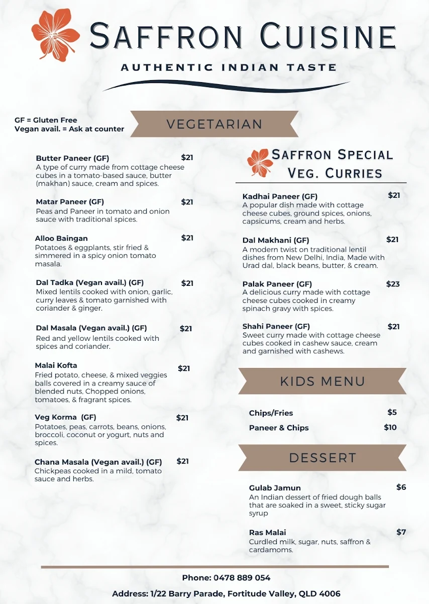 Menu, Saffron Cuisine – Indian Restaurant & Bar