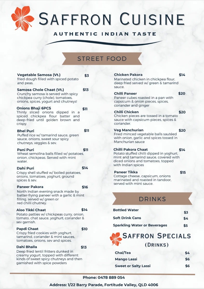 Menu, Saffron Cuisine – Indian Restaurant & Bar