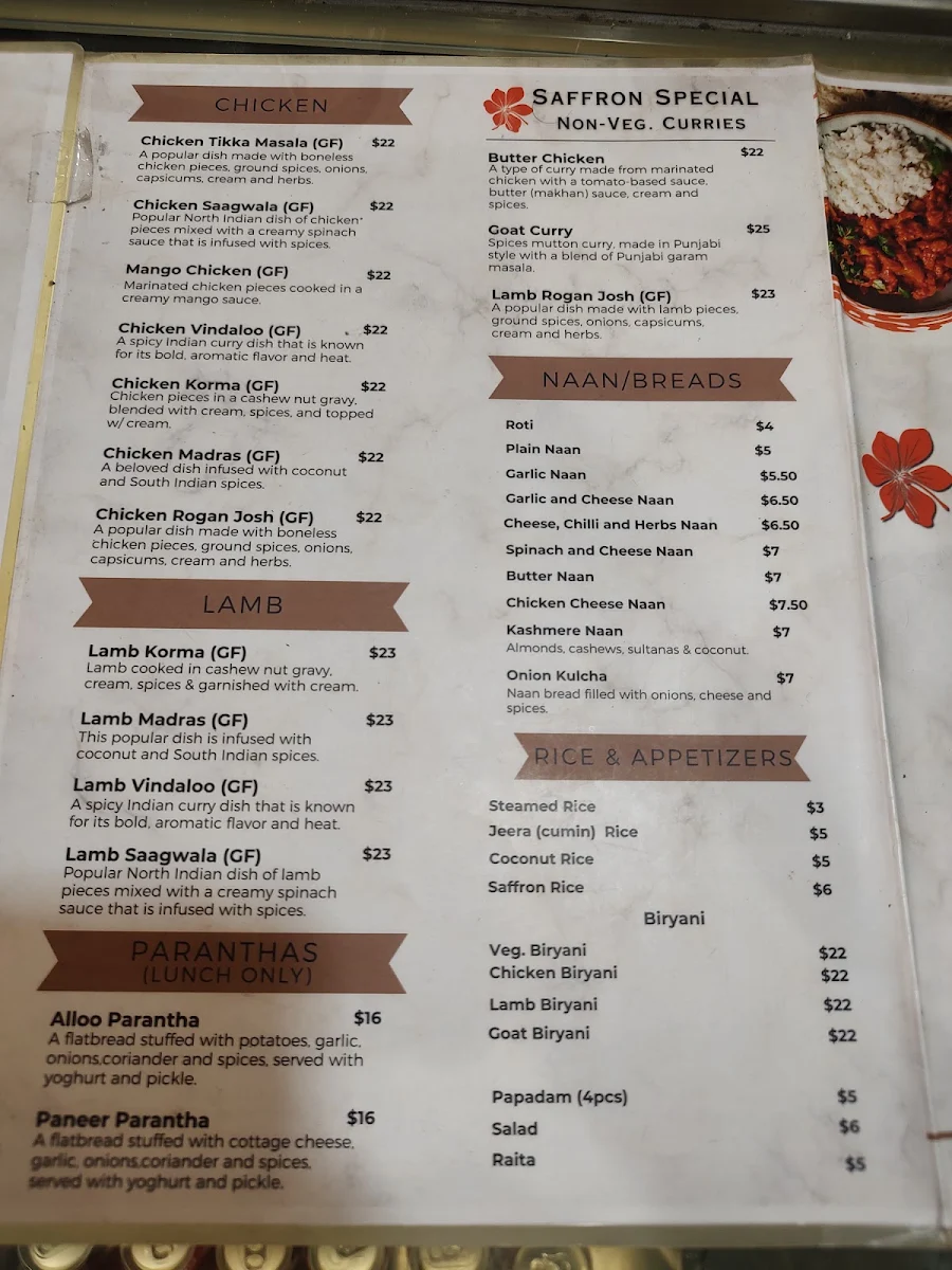 Menu, Saffron Cuisine – Indian Restaurant & Bar