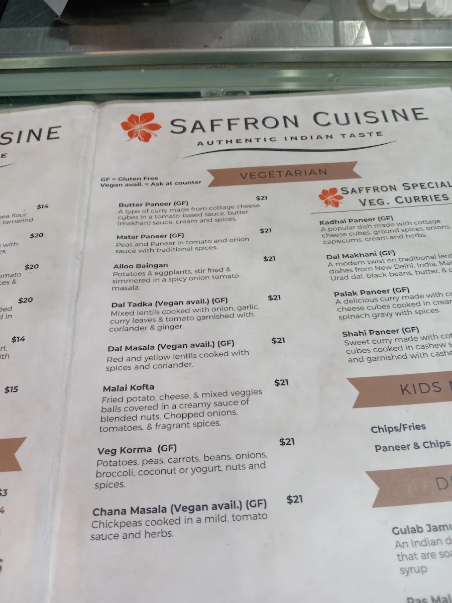 Menu, Saffron Cuisine – Indian Restaurant & Bar