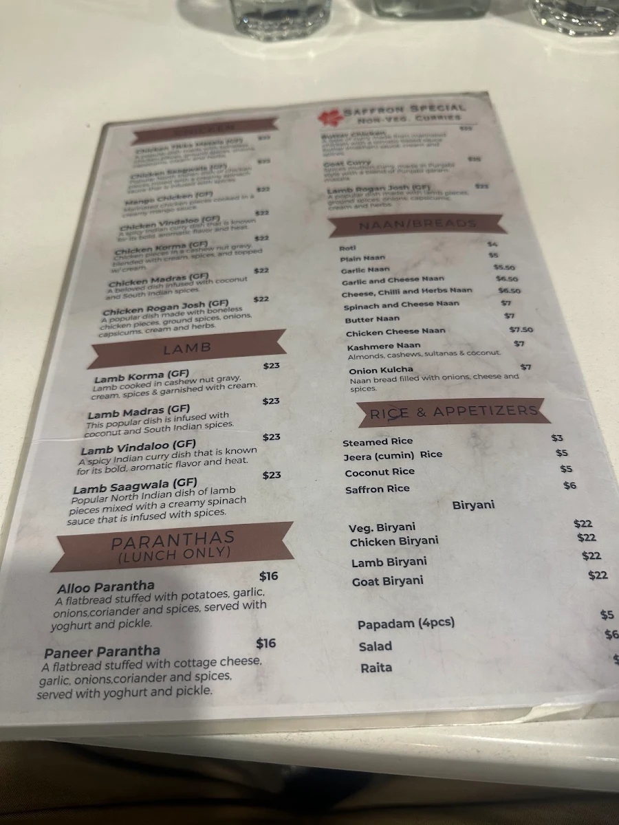Menu, Saffron Cuisine – Indian Restaurant & Bar