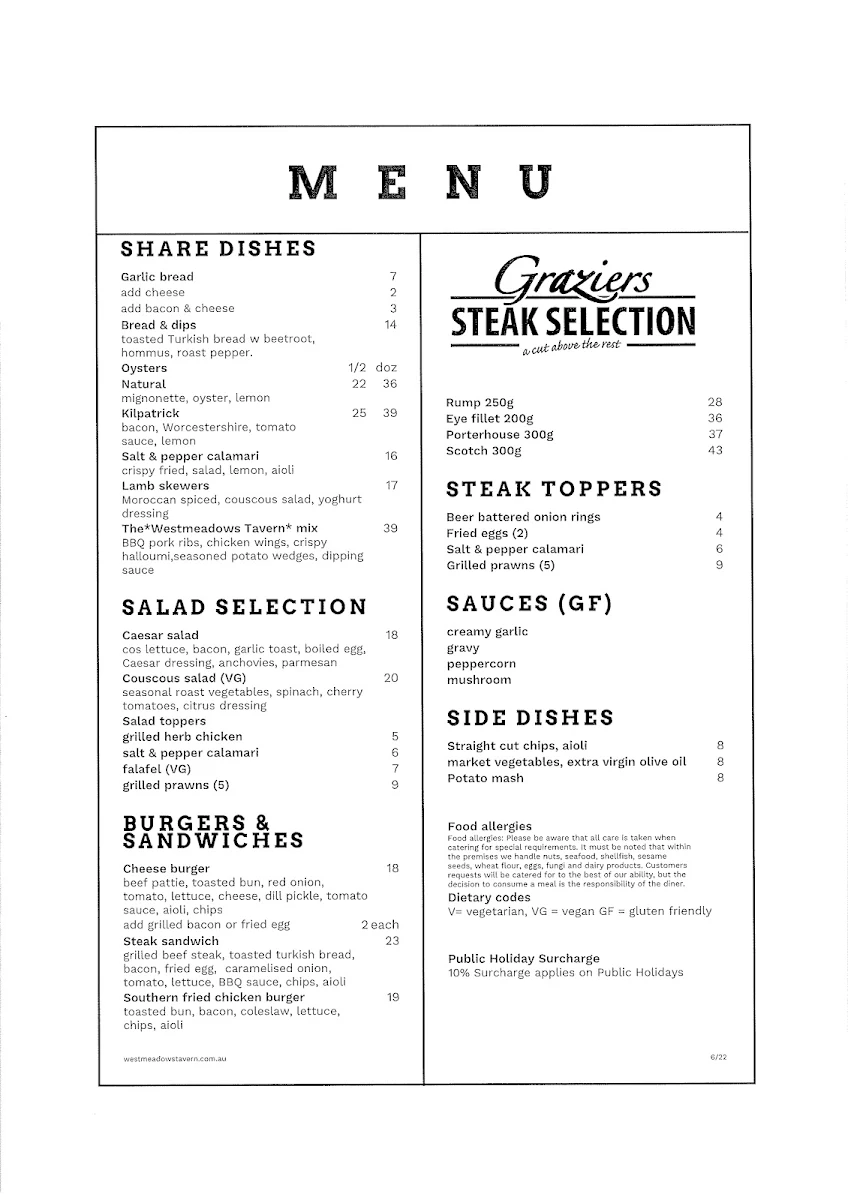 Menu, Westmeadows Tavern