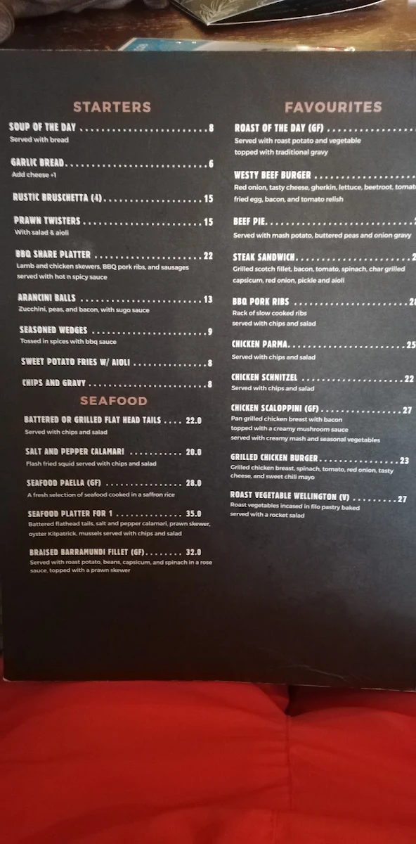 Menu, Westmeadows Tavern