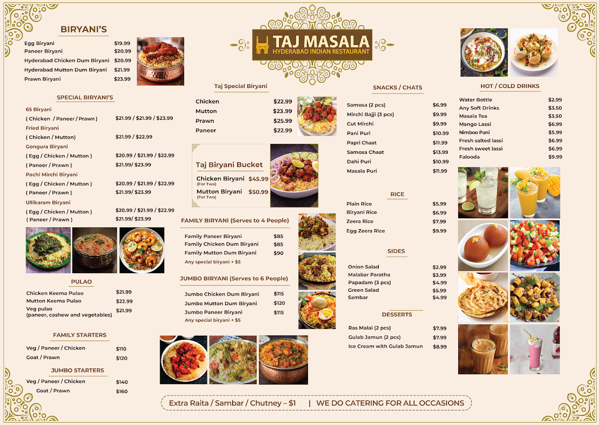 Menu, Taj Masala - Hyderabadi Indian Restaurant