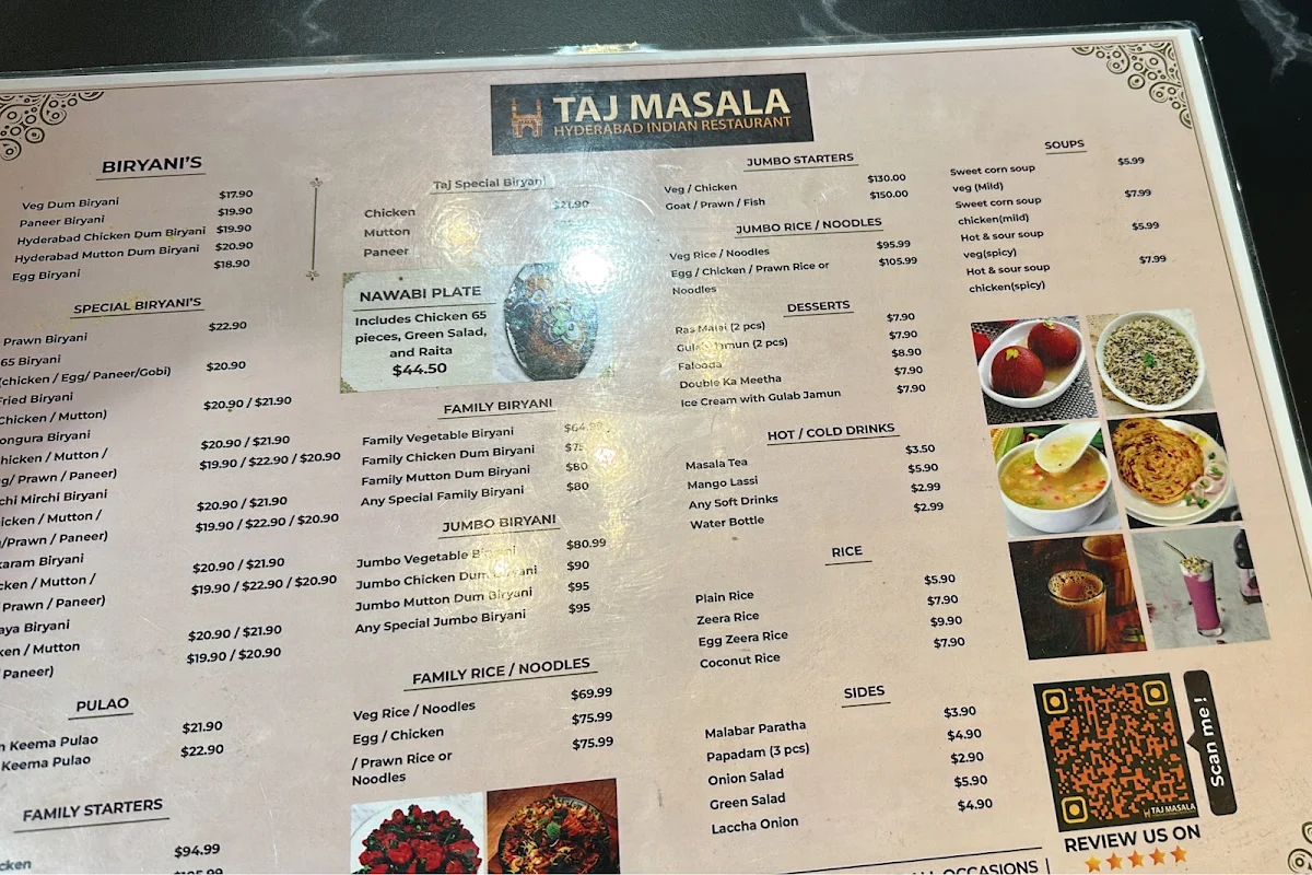 Menu, Taj Masala - Hyderabadi Indian Restaurant