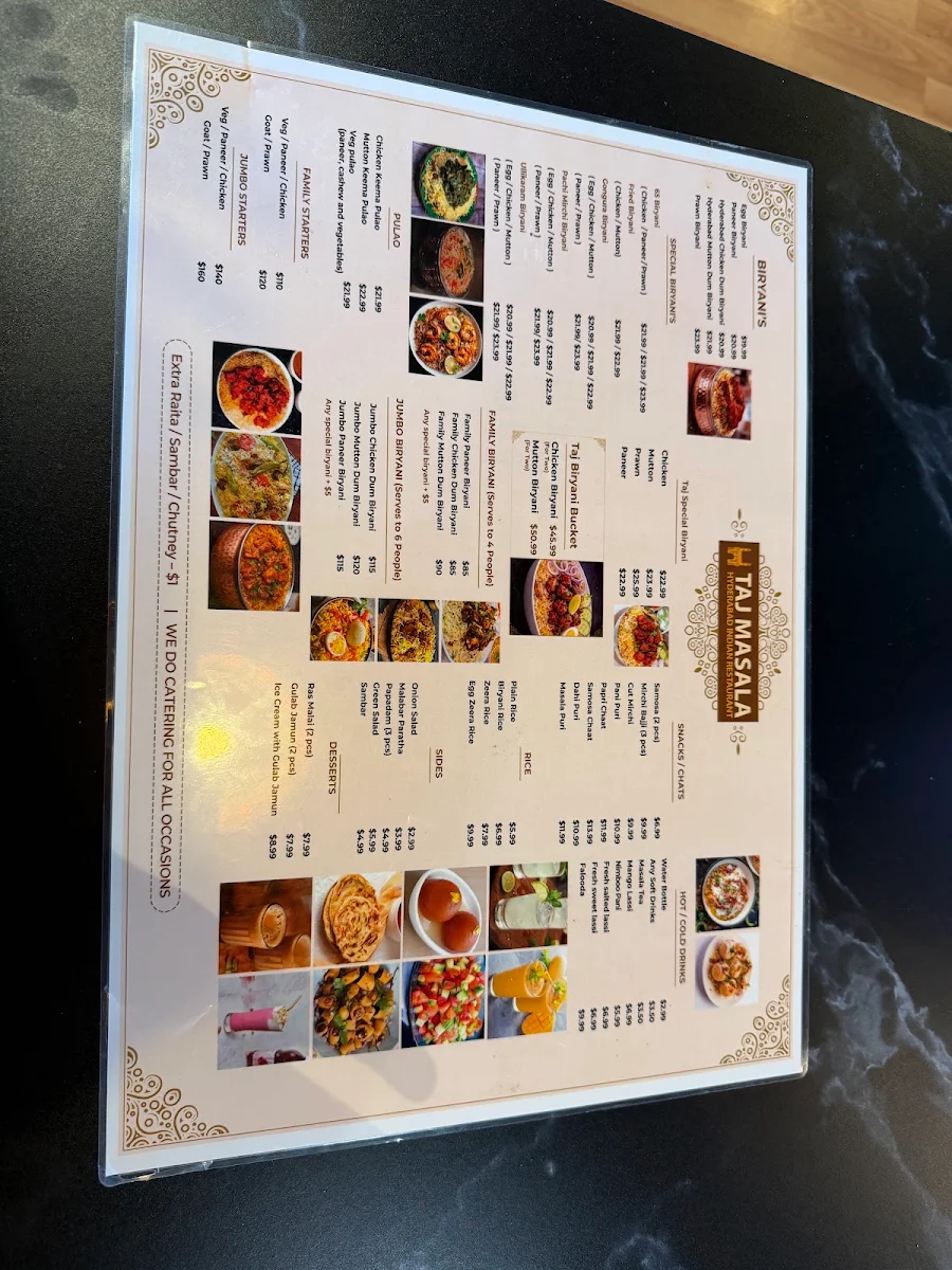 Menu, Taj Masala - Hyderabadi Indian Restaurant