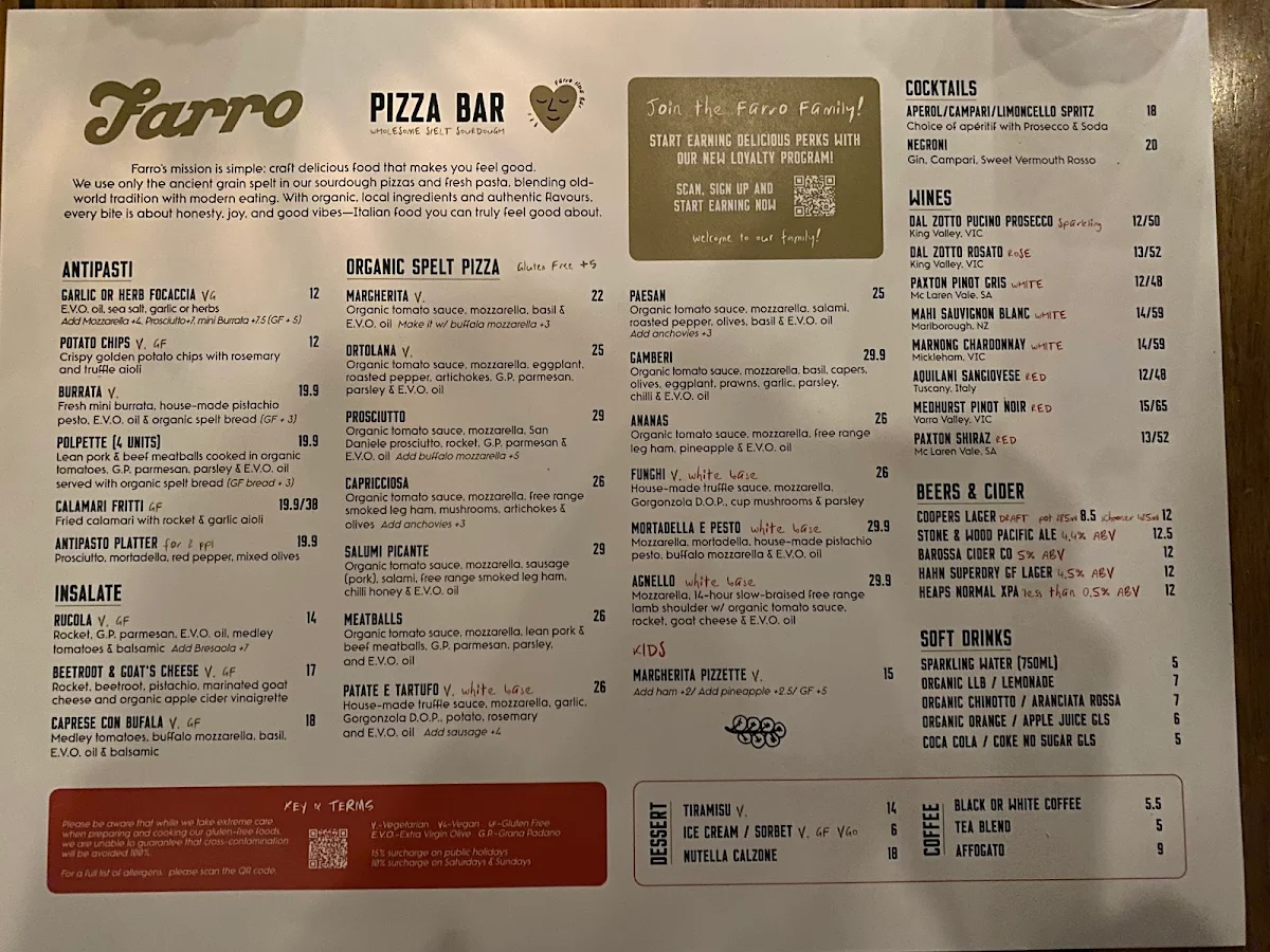 Menu, Farro Pizzeria Hawthorn