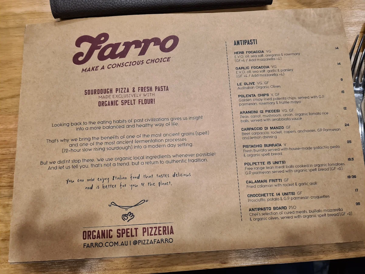 Menu, Farro Pizzeria Hawthorn