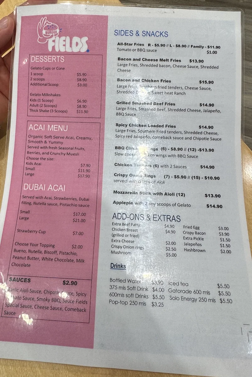 Menu, Burger Fields