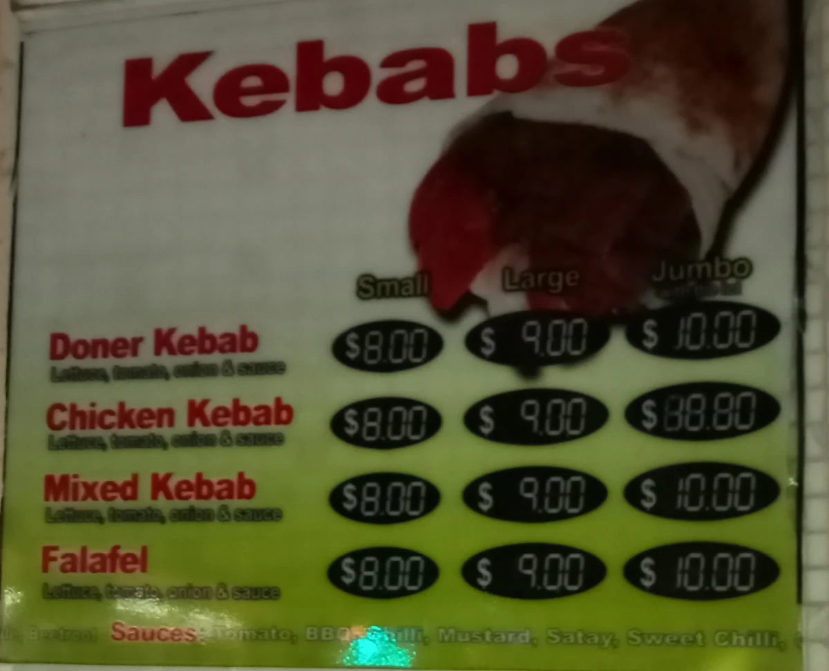Menu, Southport kebabs