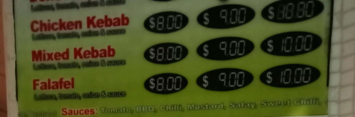 Menu, Southport kebabs