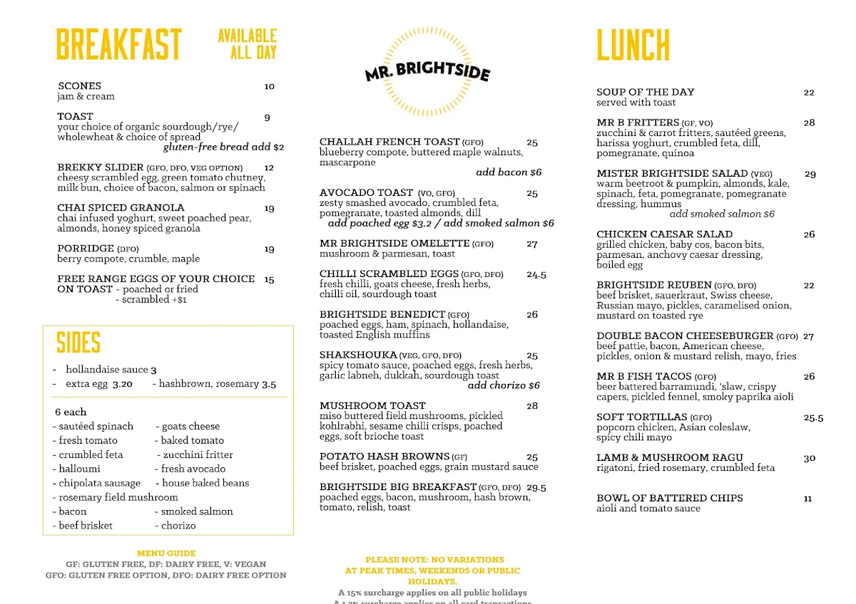 Menu, Mr Brightside Cafe