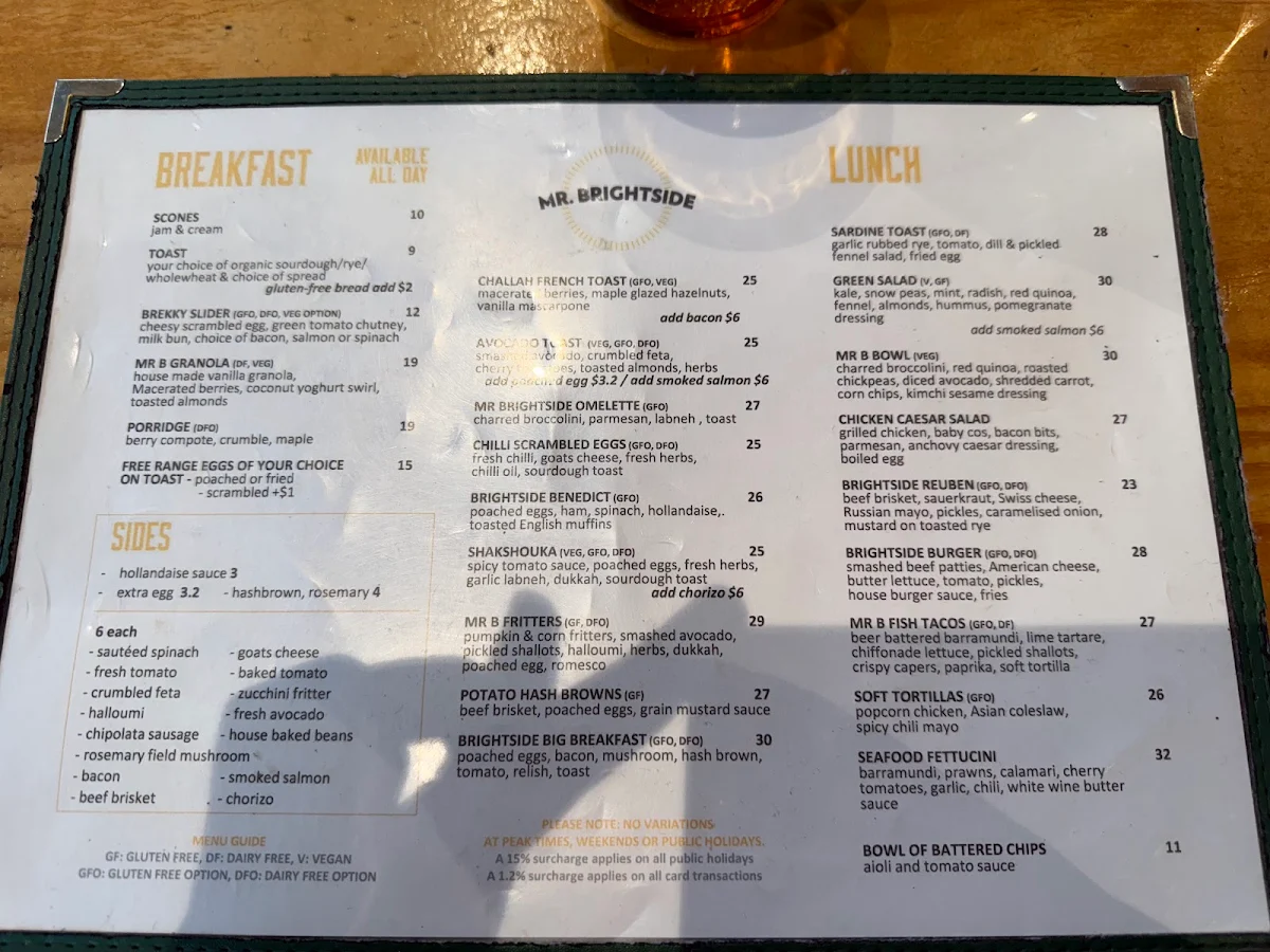 Menu, Mr Brightside Cafe