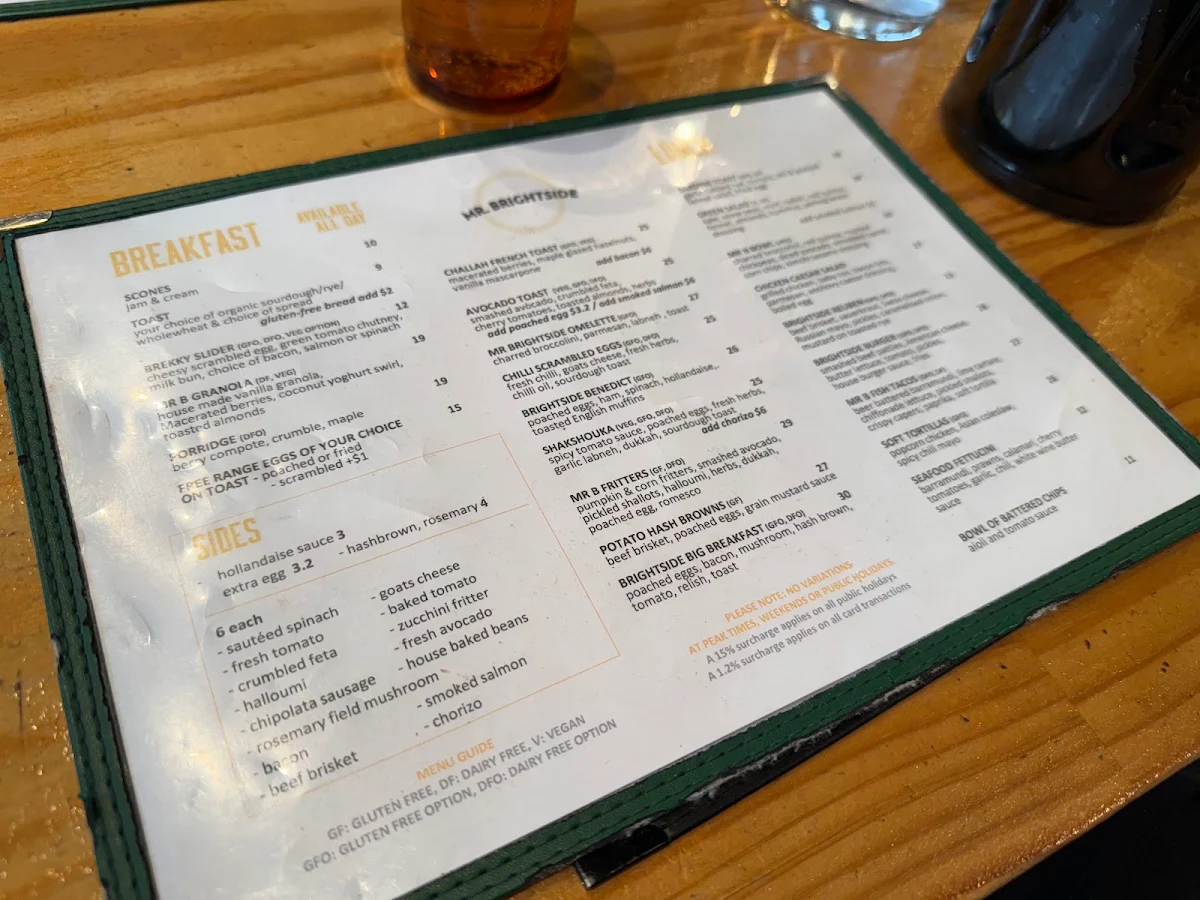 Menu, Mr Brightside Cafe