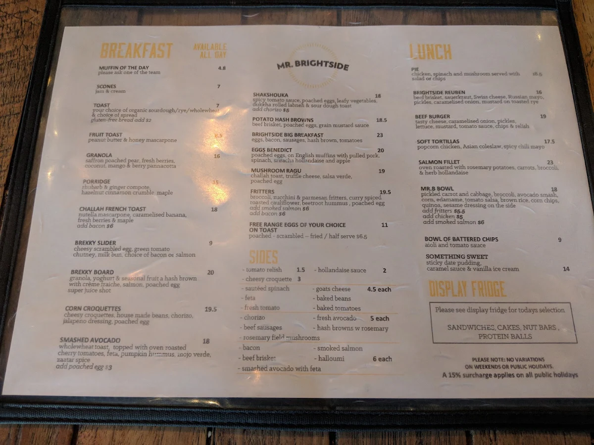 Menu, Mr Brightside Cafe
