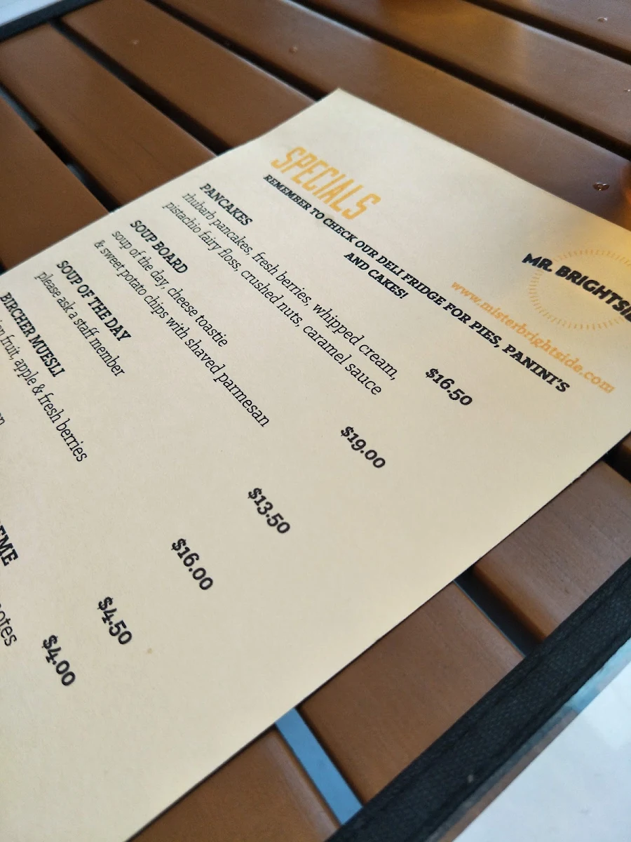 Menu, Mr Brightside Cafe