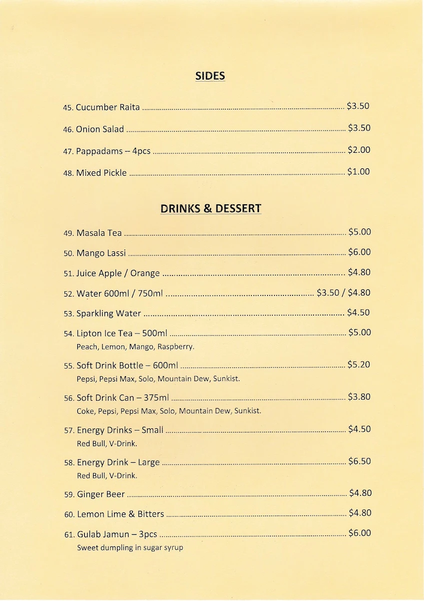 Menu, Bombay Bar - Emporium