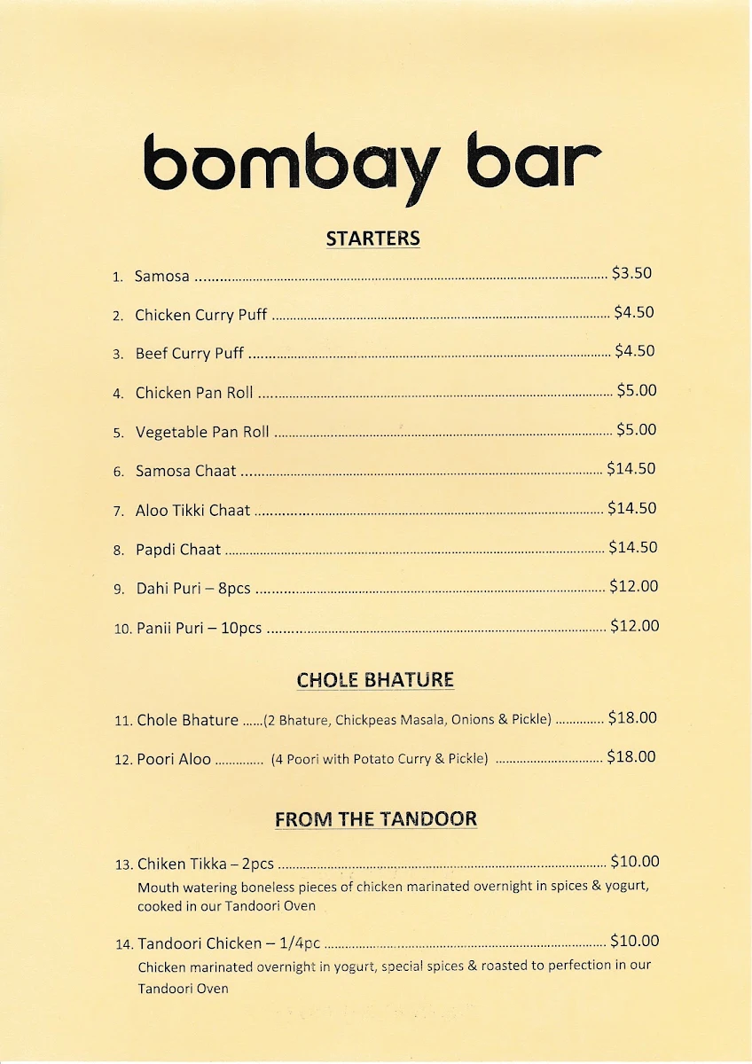 Menu, Bombay Bar - Emporium