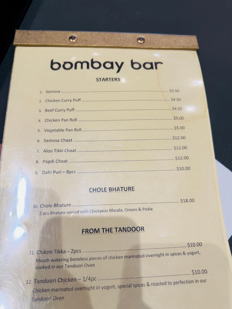 Menu, Bombay Bar - Emporium