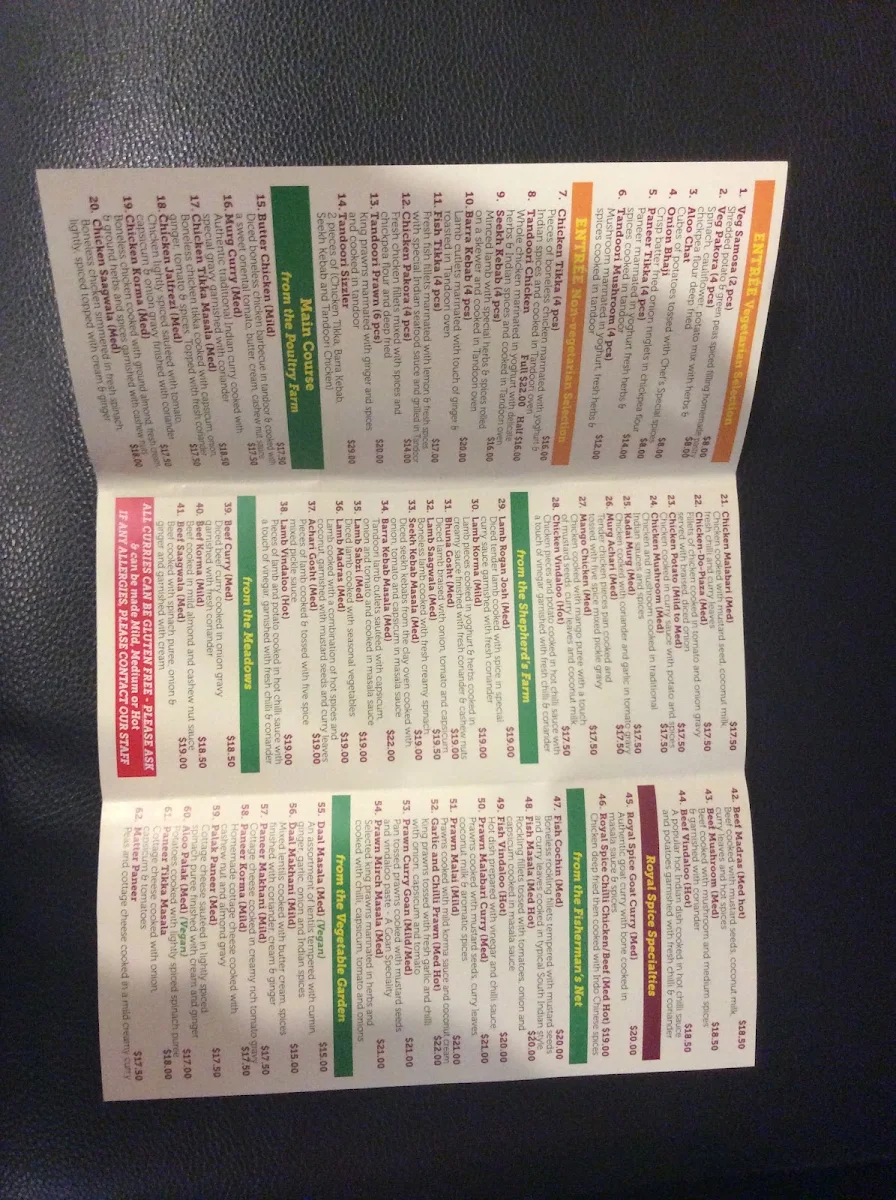 Menu, Royal Spice Tandoori Indian Restaurant