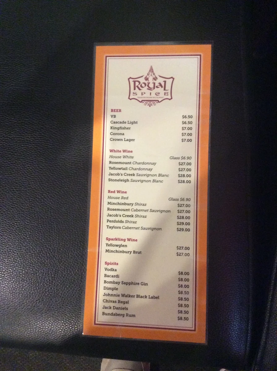 Menu, Royal Spice Tandoori Indian Restaurant