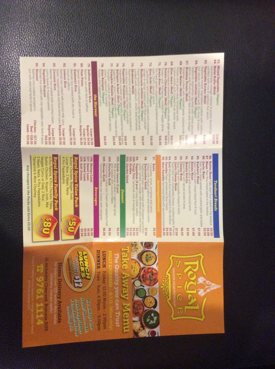 Menu, Royal Spice Tandoori Indian Restaurant
