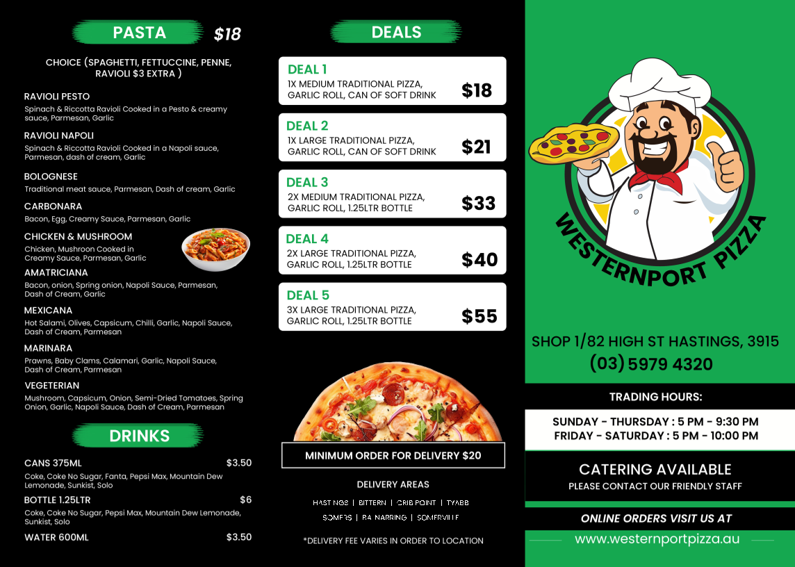 Menu, Westernport Pizza