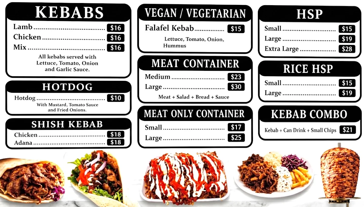 Menu, Moonee Kebabs