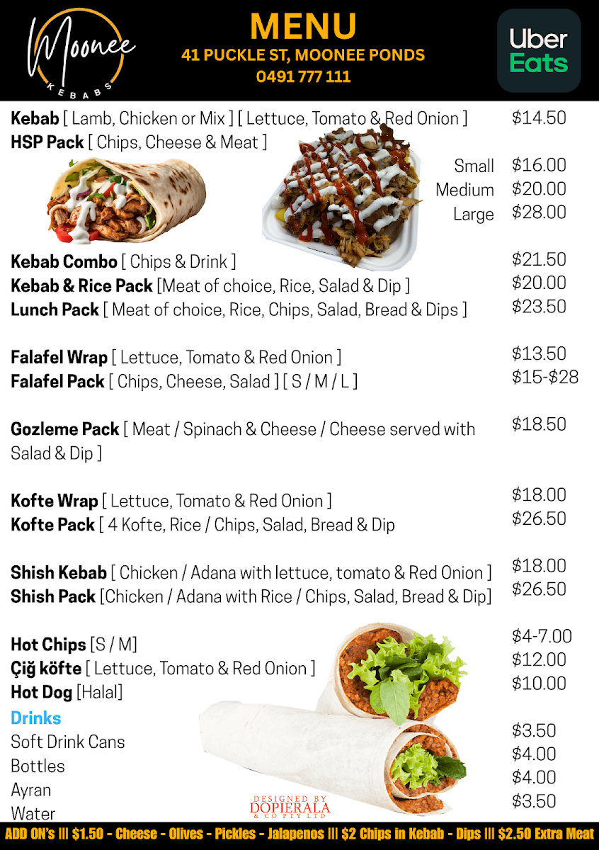 Menu, Moonee Kebabs