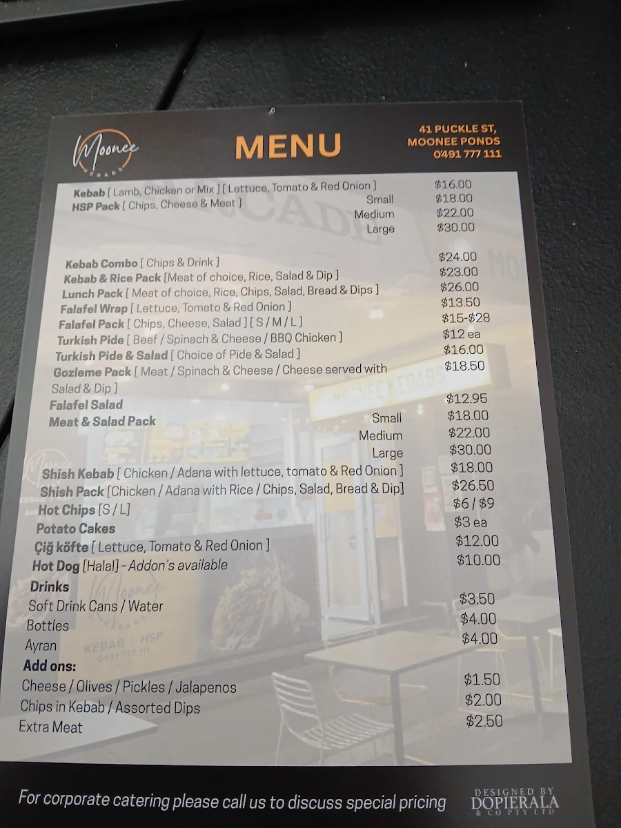 Menu, Moonee Kebabs