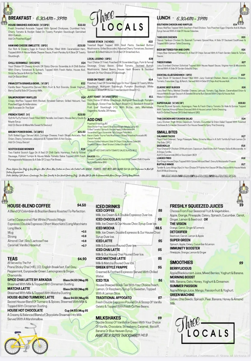 Menu, Three Locals Cafe, Fairfield