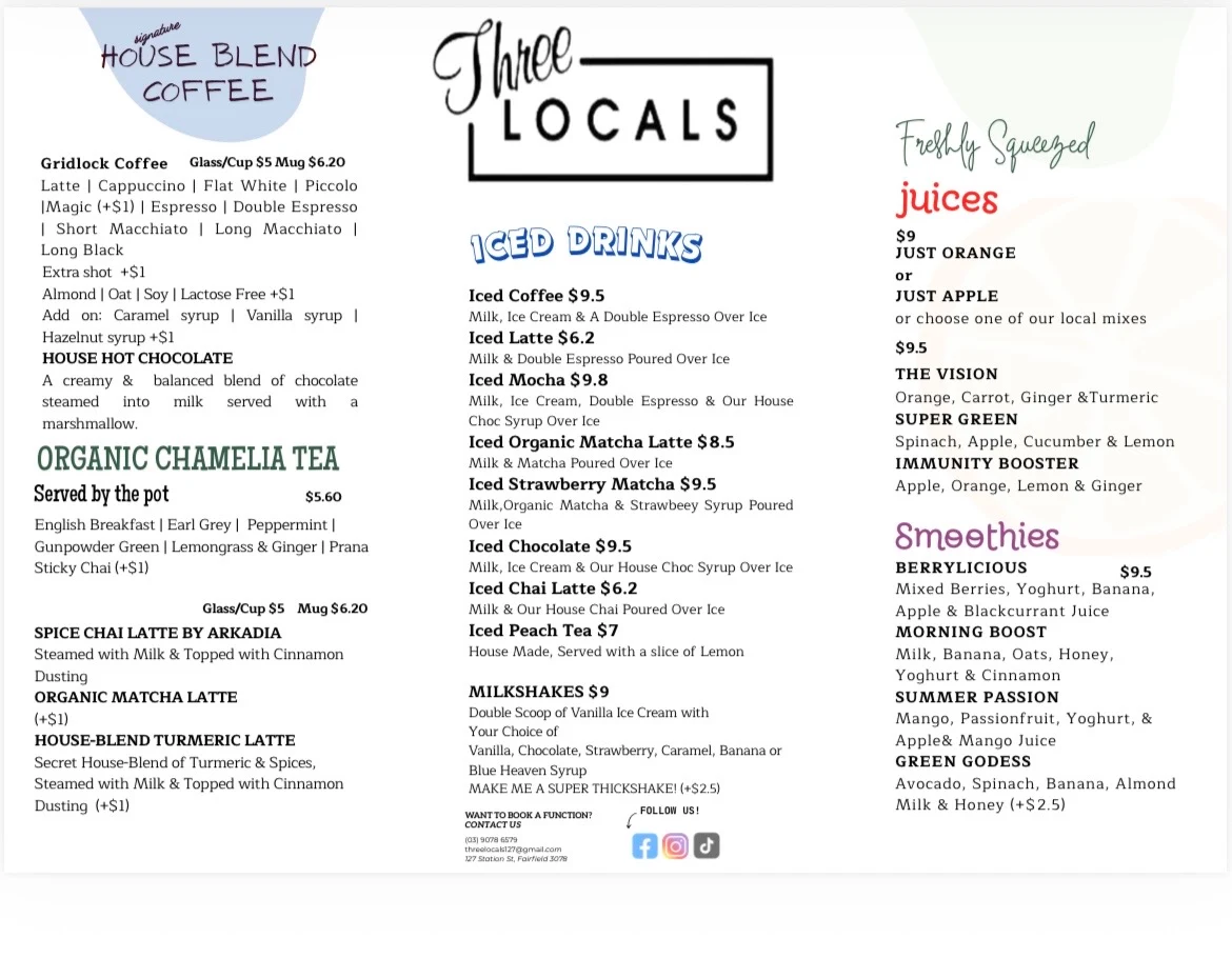 Menu, Three Locals Cafe, Fairfield