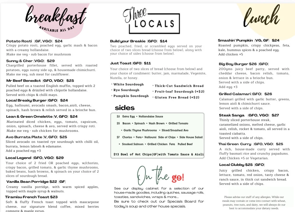 Menu, Three Locals Cafe, Fairfield