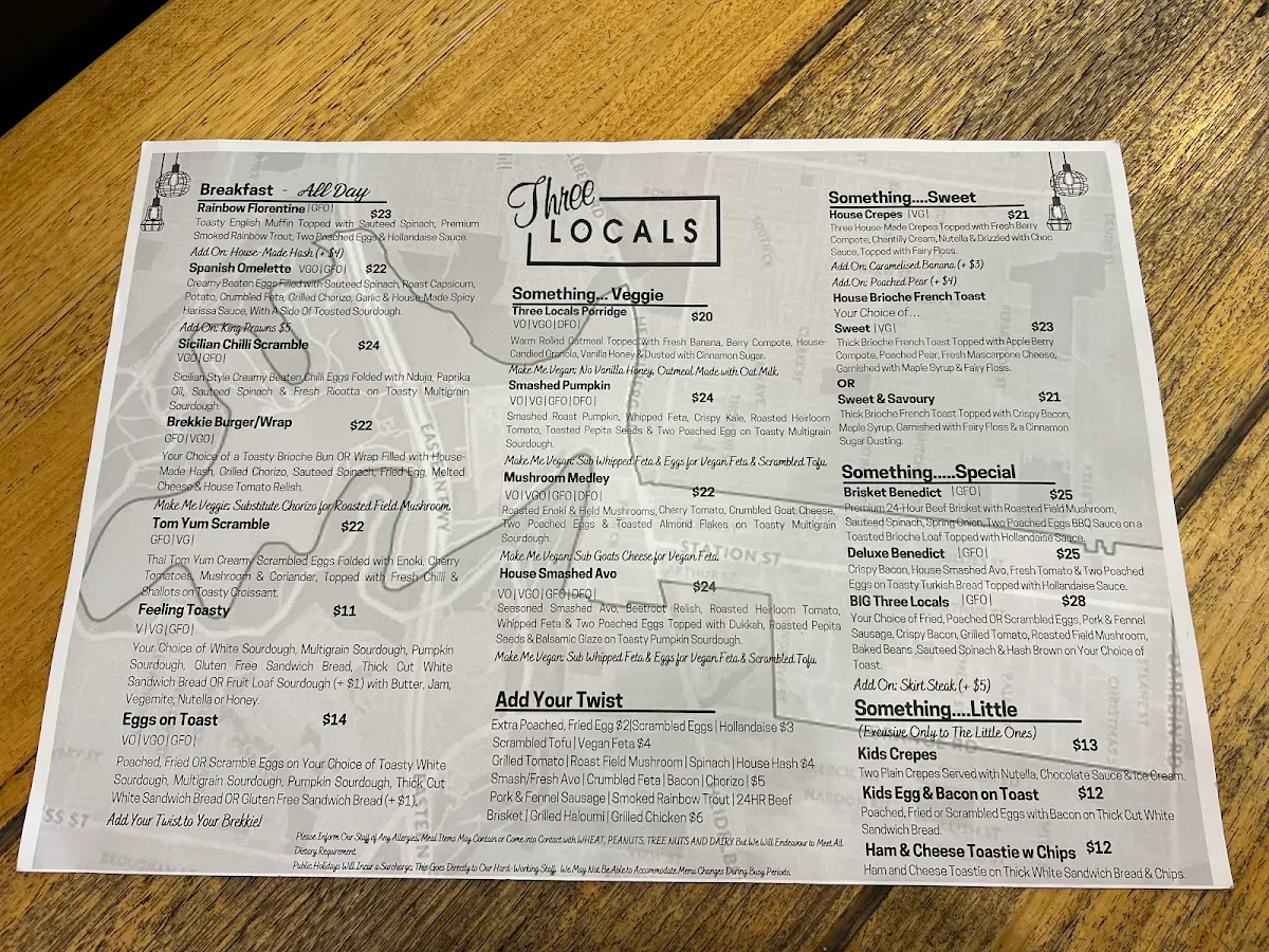 Menu, Three Locals Cafe, Fairfield