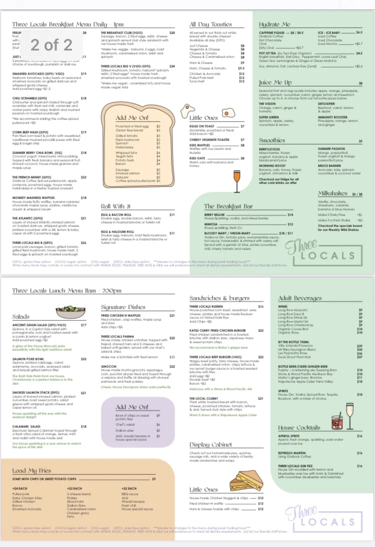 Menu, Three Locals Cafe, Fairfield