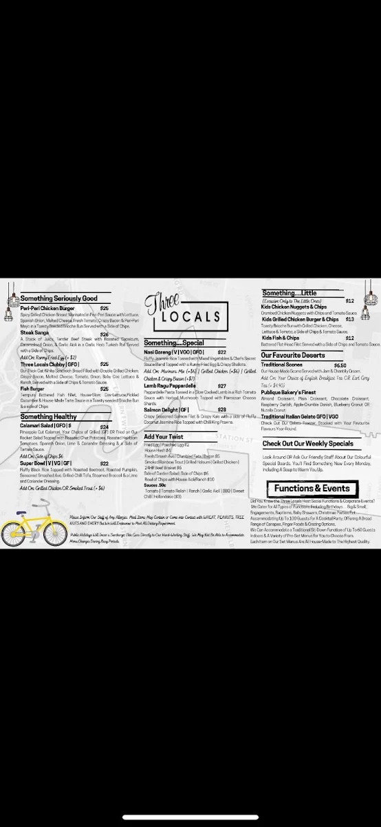 Menu, Three Locals Cafe, Fairfield